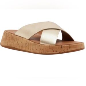 FitFlop Metallic Leather/Cork Flatform Cross Slides Women’s Sandals – 7
